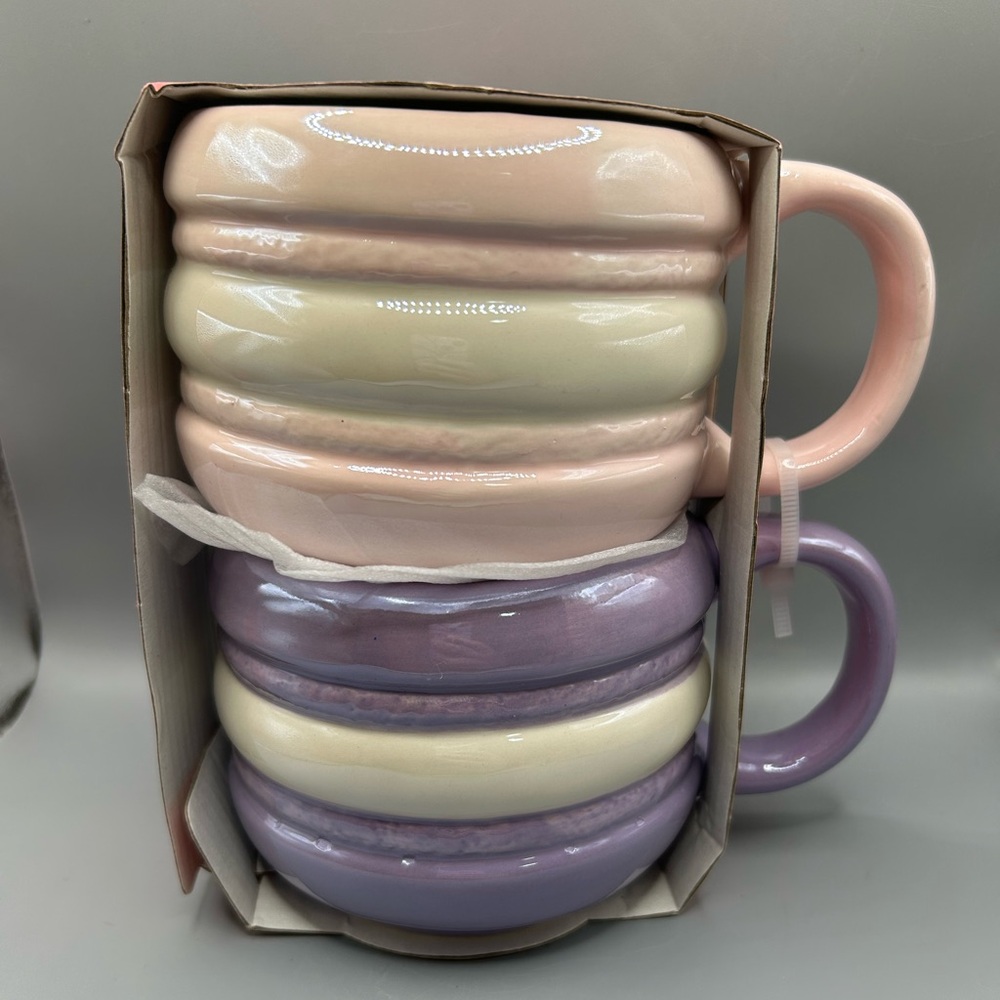 Petal & Pearl Iridescent Pink And Purple Macaroon Mug Set Hand Painted NEW